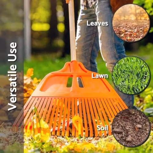 SolaDirect Heavy-Duty Garden Rake with 19 Plastic Tines and Wood Handle, Orange, Width: 44 cm, Length: 57 cm – 3