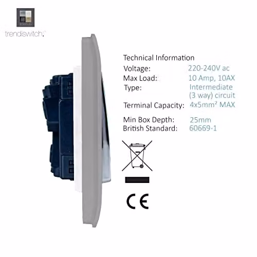 Trendi Modern 1 Gang 3 Way Intermediate Light Switch in Grey – 3