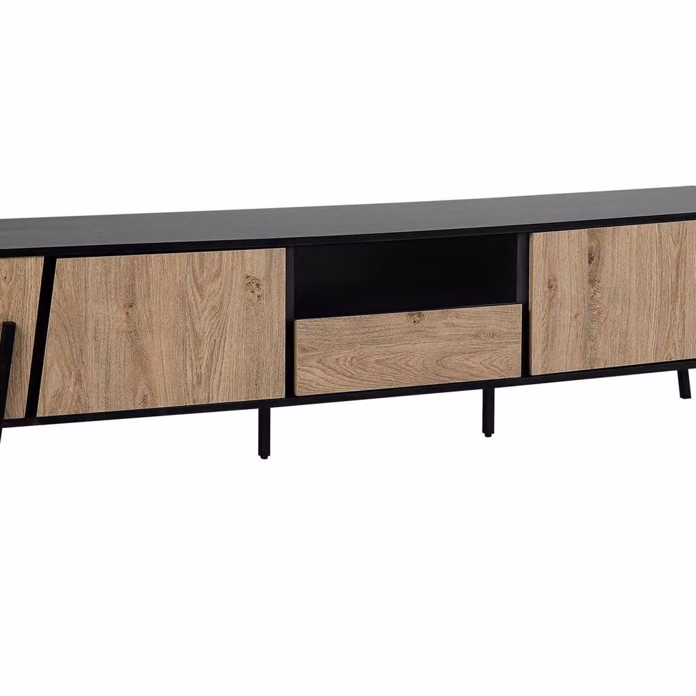 Wyld and Coco Scandinavian Style 76-Inch TV Stand in Brown with Black Metal Legs, featuring 1 Drawer and 2 Cabinets – 2