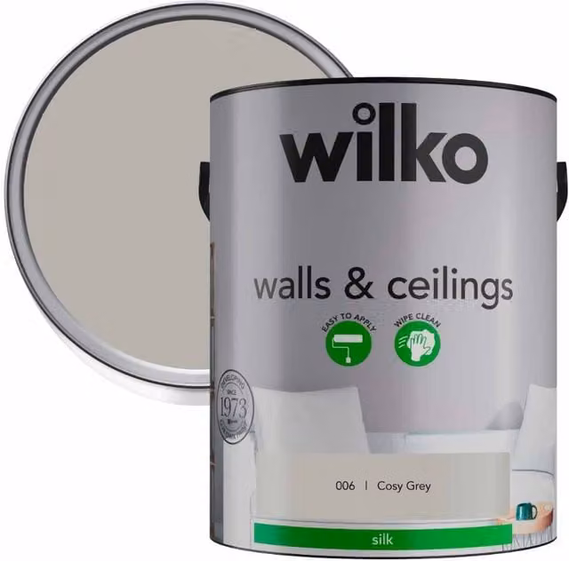 wilko Walls and Ceiling Silk Emulsion Paint, Cosy Grey, 5 l