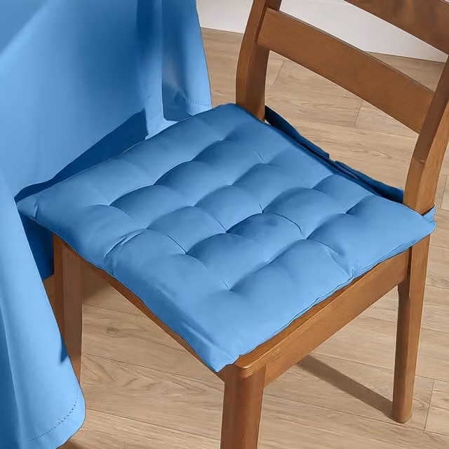 Homescapes Solid Cotton Square Seat Pad with Button Ties in Blue