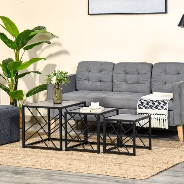 HOMCOM Set of 3 Modern Square Nesting Coffee Tables with Metal X-Frame in Grey and Black