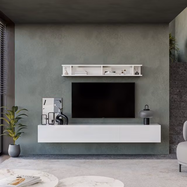 Decorotika Albi Modern Geometric Wall Mounted Entertainment Center in High Gloss White
