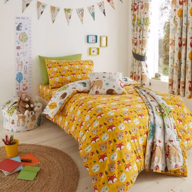 Happy Linen Company Reversible Woodland Animals Kids Bedding Duvet Cover and Pillowcase Set, Brown and Yellow, Duvet Cover W/H: 140 x 200 cm, Pillowcase W/H: 50 x 75 cm
