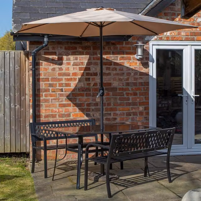 Samuel Alexander Modern 4 Person Glass Top Dining Table and Benches with Parasol in Black and Beige