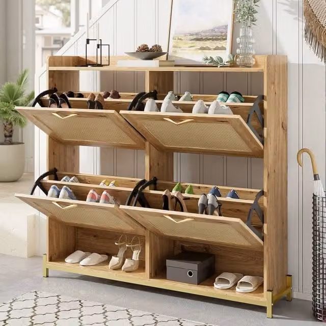 BTM Wooden Shoe Cabinet with Rattan Doors and Metal Frame in Natural Brown and Beige