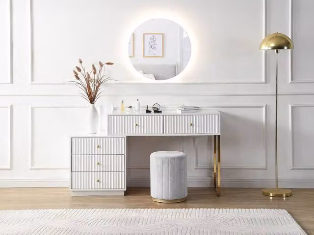 PEROLIA Vente-unique Dressing Table with Mirror and 5 Drawers in White and Gold, W: 100 cm, D: 40 cm, H: 75 cm