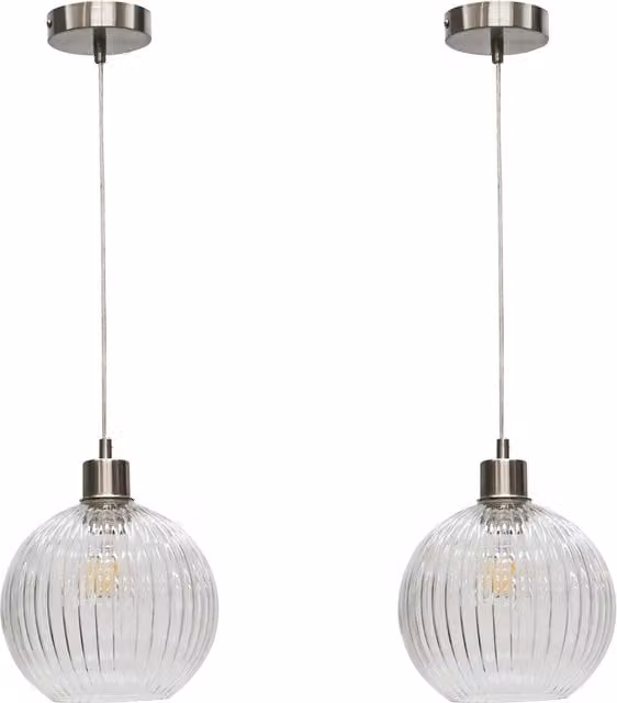 First Choice Lighting Betchley Set of 2 Pendant Lights with Transparent Ribbed Glass Globes and Silver Satin Nickel Finish