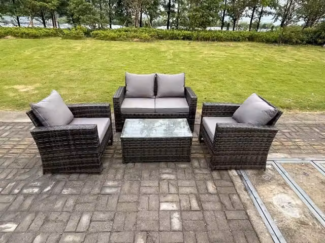 Fimous 4 Seater Grey High Back Rattan Garden Furniture Set with Rectangular Coffee Table