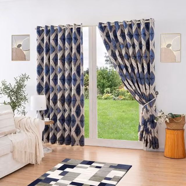 Terrys Matrix Blue Plain Eyelet Blackout Thermal Insulating Fabric Panel Curtains