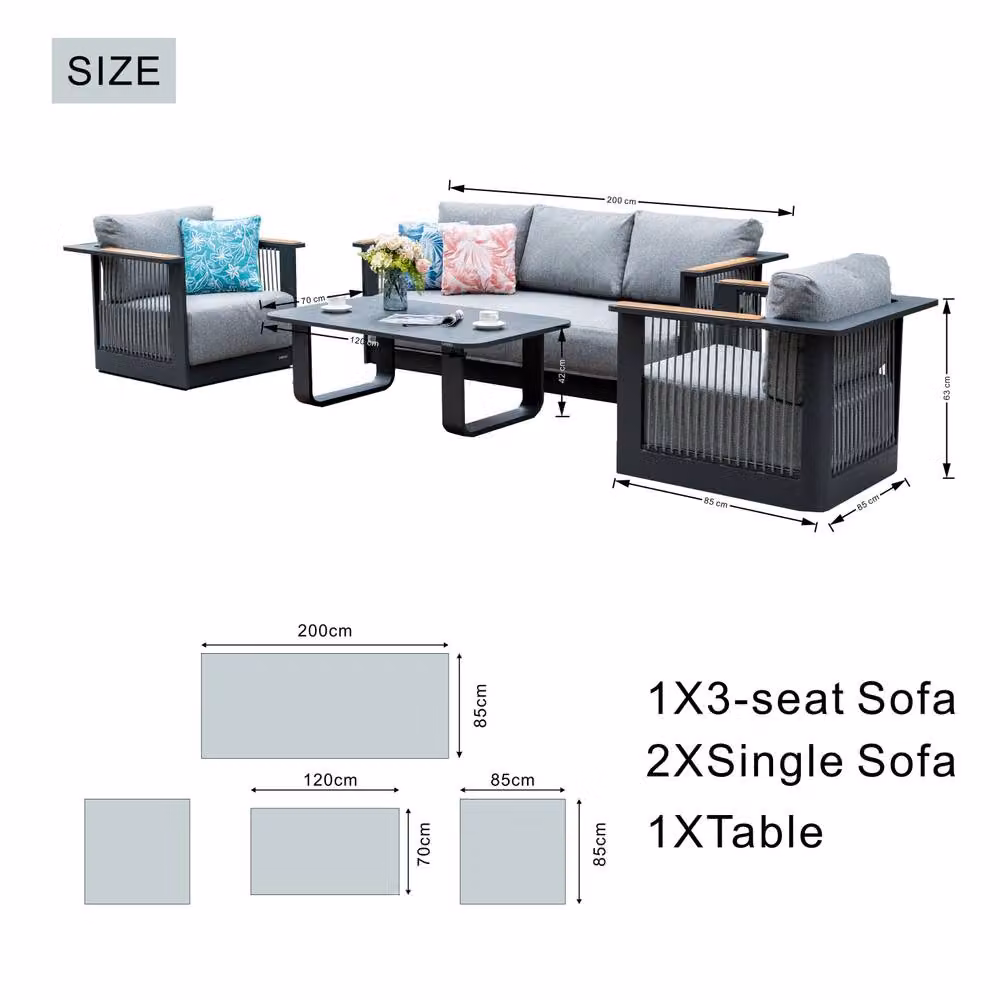 MIMO Garden Full Aluminium Rope Weave Sofa Set with Coffee Table in Grey – 7