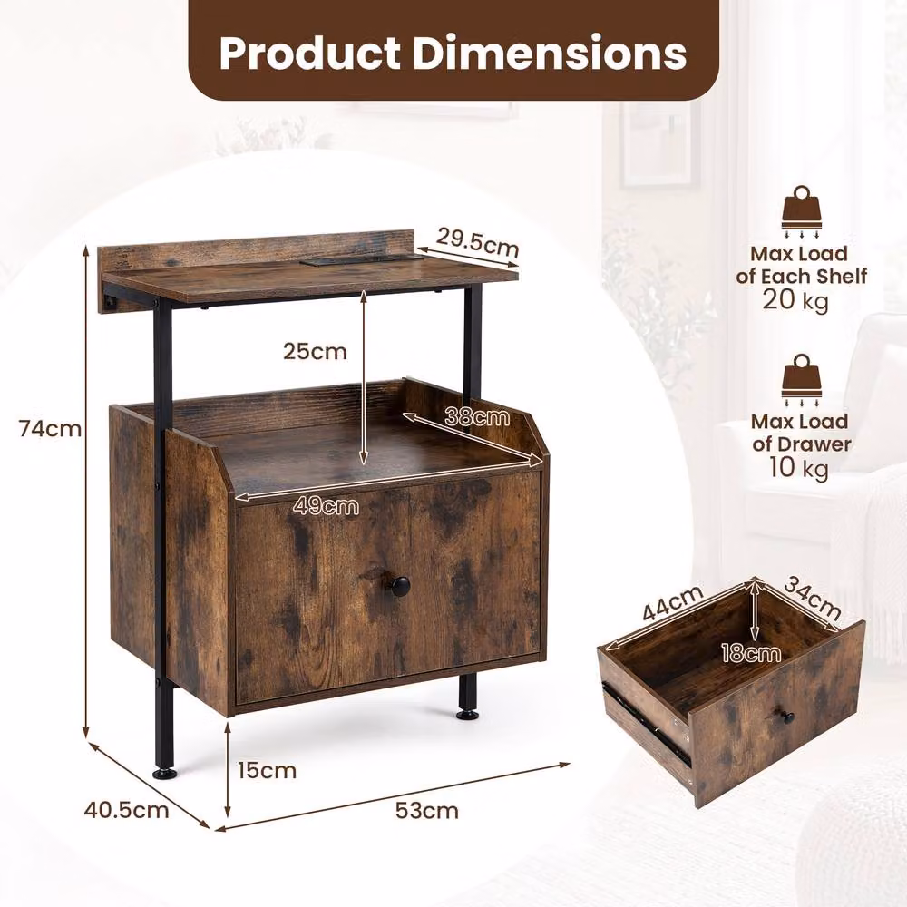 Gymax Industrial Bedside Nightstand with Integrated Lighting and Charging Station, Brown – 2