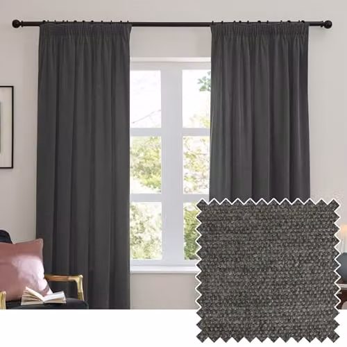 Furn Soft Chenille Blackout Pencil Pleat Curtains, Charcoal, W: 117 cm, D: 137 cm – 1