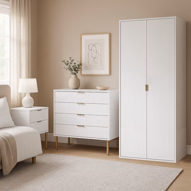 Home Treats 3 Piece Ridged Bedroom Furniture Set in White and Gold