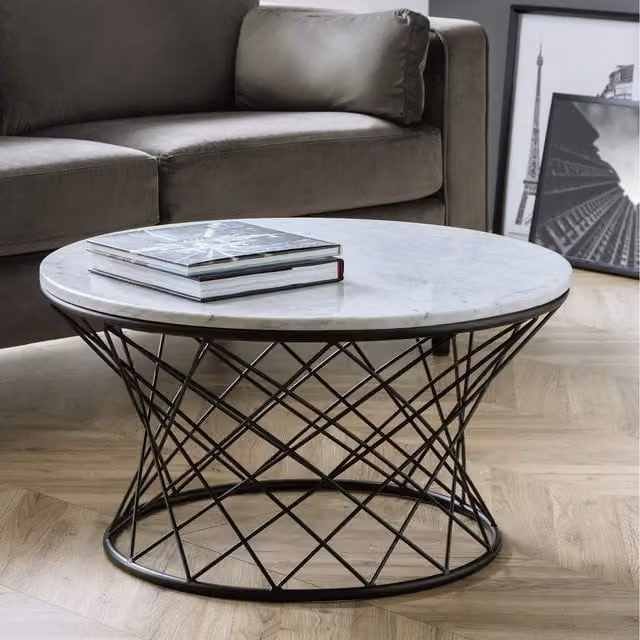 Julian Bowen Trevi Round White Marble and Black Metal Coffee Table – 1