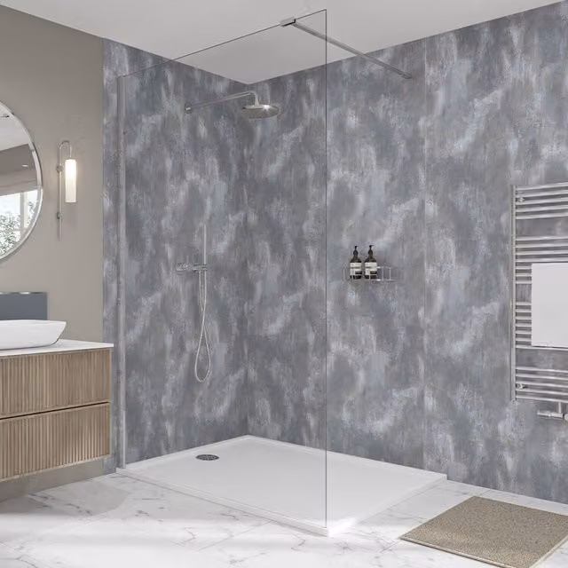 Wetwall Elite Double Post Formed Weathered Concrete Shower Panel in Grey Stone Look