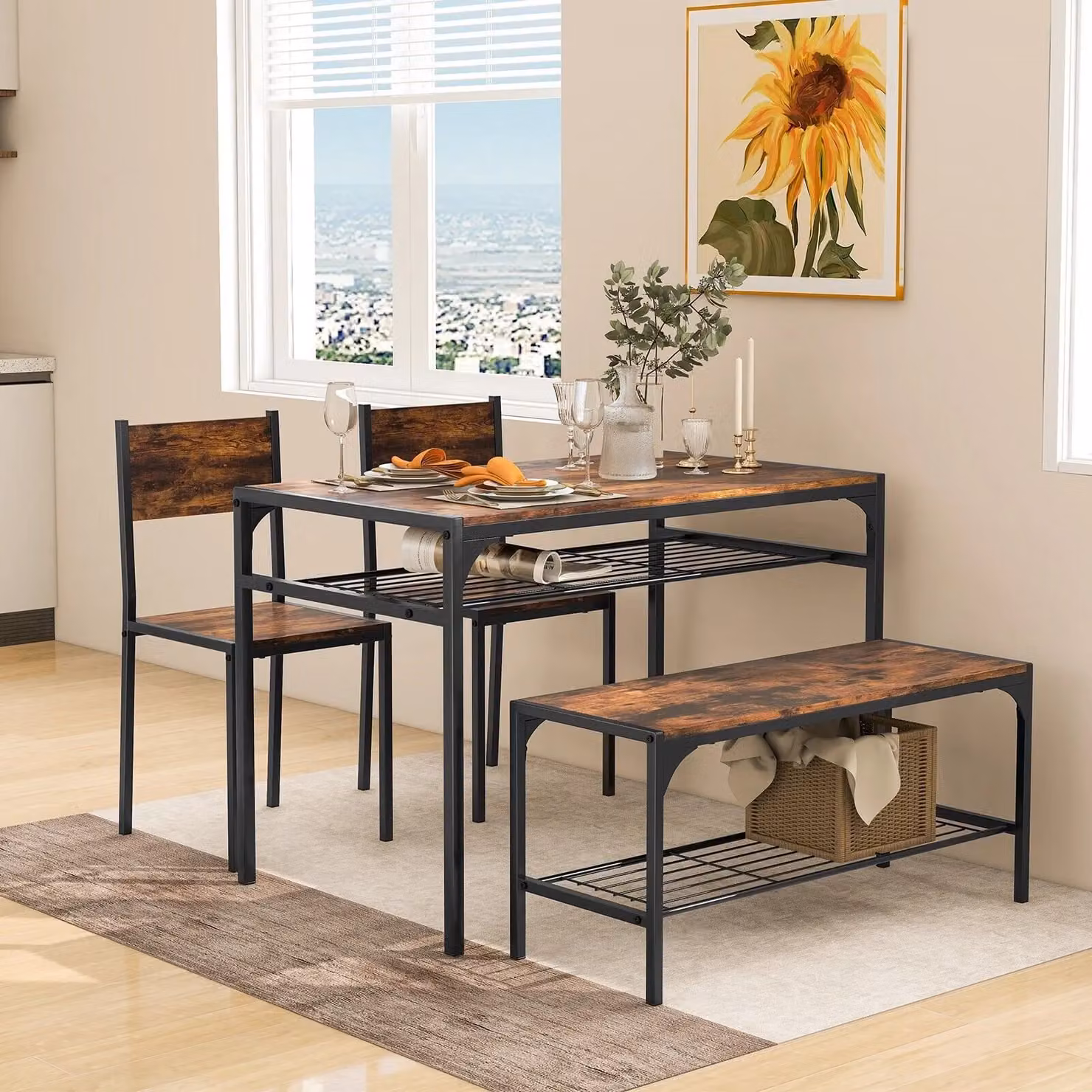 Gymax Industrial Rectangular Dining Table and 4 Chairs Set in Brown – 2