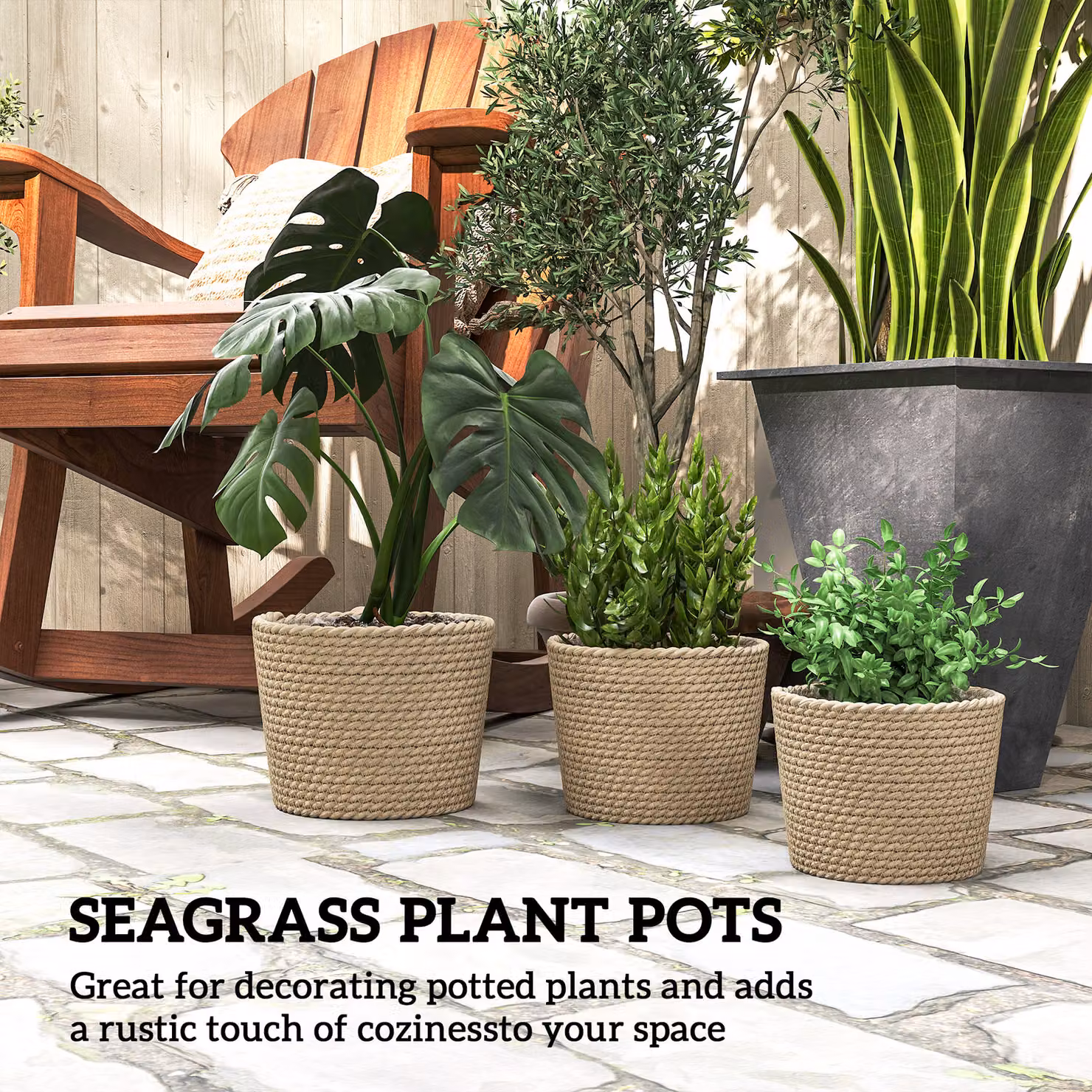 Outsunny Set of 3 Seagrass Planters in Brown and Beige for Indoor and Outdoor Use – 4