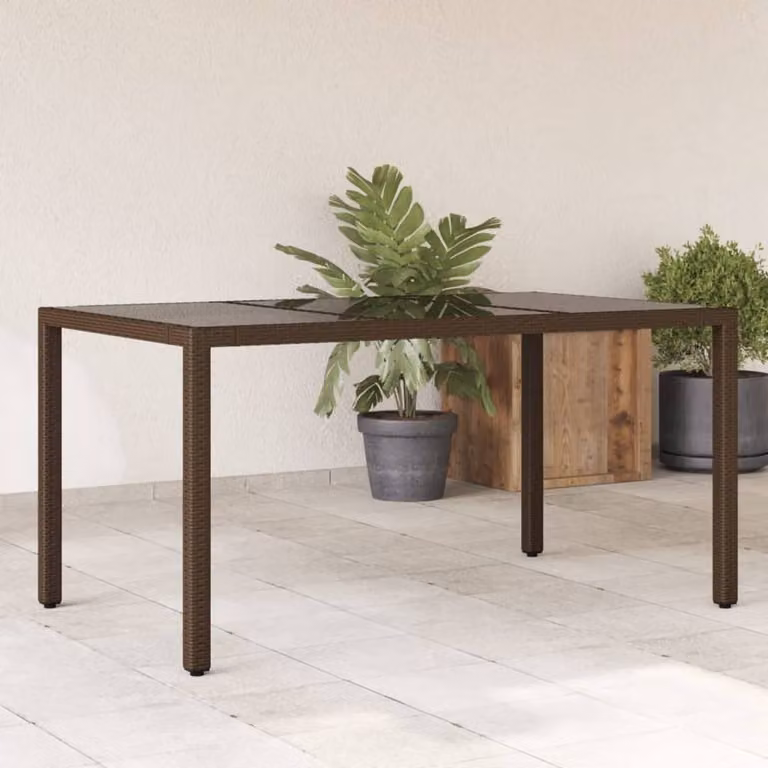Berkfield Home Brown Poly Rattan Garden Table with Glass Top, W: 150 cm, D: 90 cm, H: 75 cm