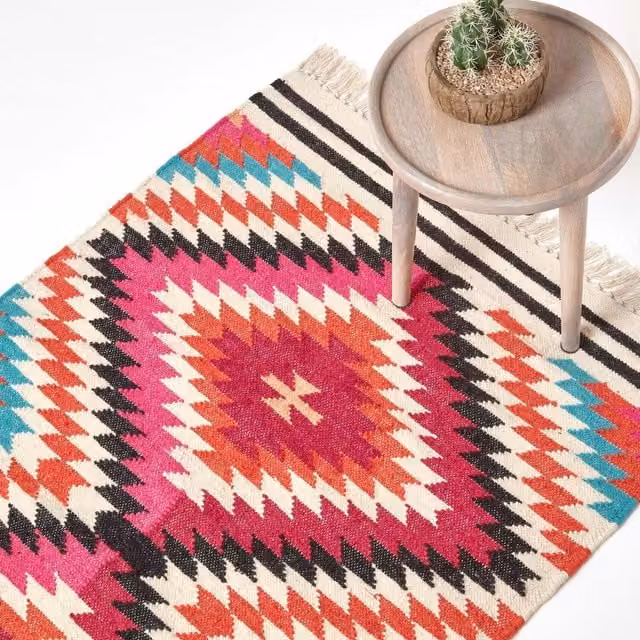 Homescapes Manila Handwoven Diamond Patterned Kilim Wool and Cotton Rug, Multicolour (Pink, Orange, Blue)