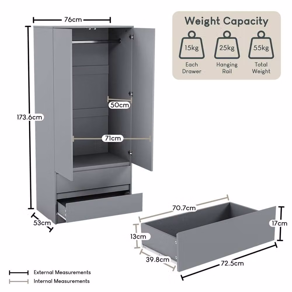 FORGEVIO Modern Grey 2 Door 2 Drawer Wardrobe with Push to Open Mechanism – 2