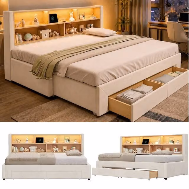 BTM Single Velvet Pull-Out Guest Bed with LED Lighting and Storage Drawers, Beige, W/D/H: 90 x 190 x 82.5 cm – 1