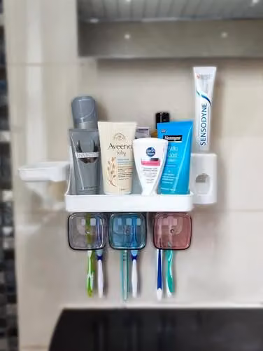 MantraRaj Wall-Mounted Toothbrush Holder and Automatic Toothpaste Dispenser with 3 Cups and Soap Holder, White – 5