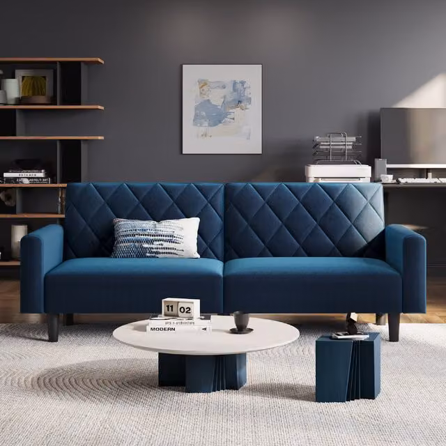 Yaheetech Blue Velvet Click-Clack Convertible Sofa Bed with Foam Upholstery