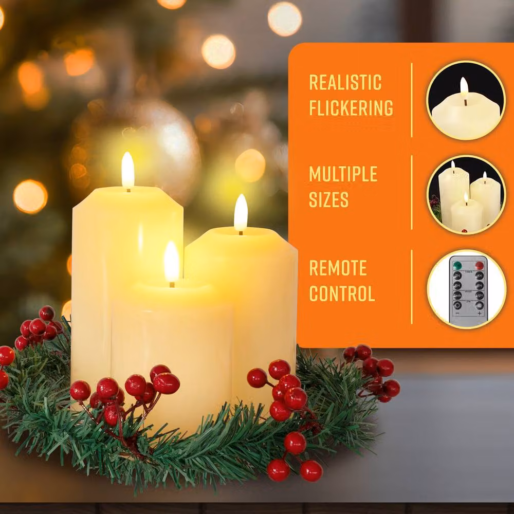 Globrite 3-Pack Flickering Flameless LED Candles with Berry Wreath Christmas Decorations in Beige, White and Multicolour – 8