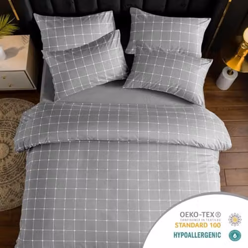 Lazzaro Grey Checked Microfibre Double Duvet Cover and Pillowcase Set with Zipper Closure, W/D/H: 200 x 200 cm – 4