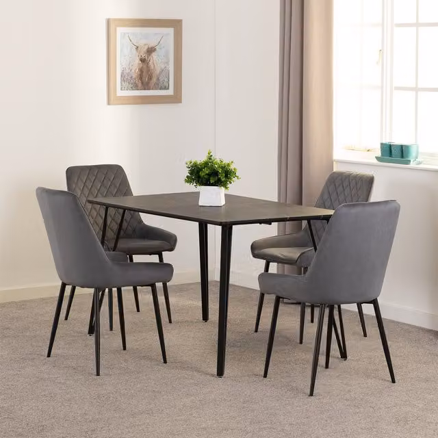 Seconique Marlow and Avery Modern Dining Set with Black Marble Effect Rectangular Table and Grey Velvet Chairs