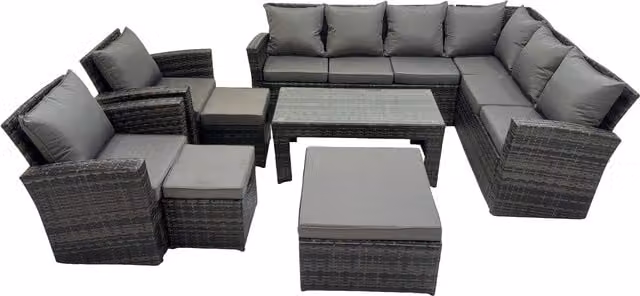Fimous 8-Piece L-Shape Rattan Garden Furniture Set in Grey with Upholstered Cushions