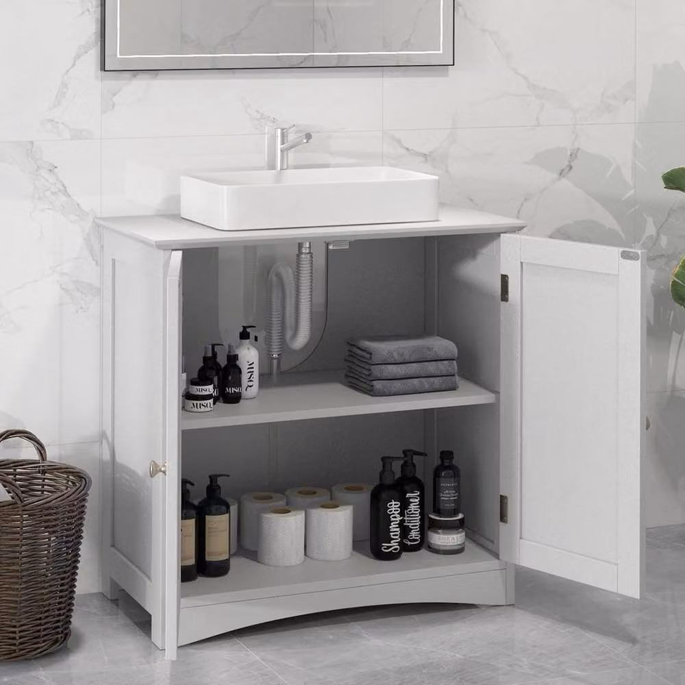 VOGREX White Lacquered Freestanding Under Sink Bathroom Cabinet with Hinged Doors and Internal Shelves – 2