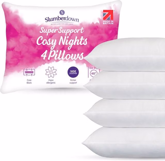 Slumberdown Cosy Nights Super Support Firm Side Sleeper Pillows, 4 Pack, White – 1