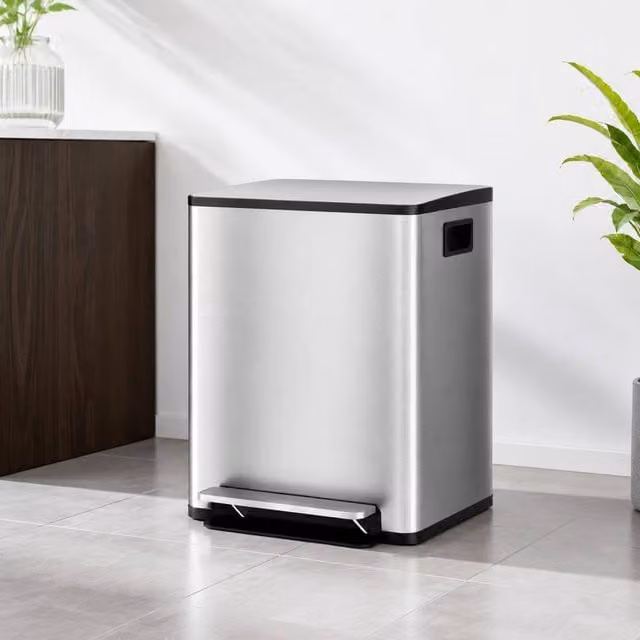 STILVORA Dual Compartment Stainless Steel Kitchen Bin with Pedal Lid and Soft Close Mechanism, Silver