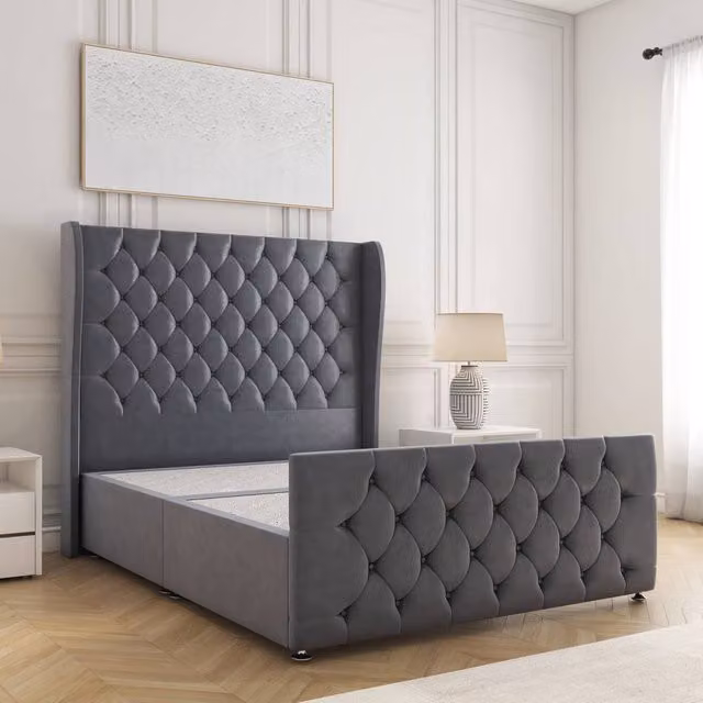 BSSPOKE Anna Chesterfield Divan Bed in Grey Plush Velvet, W/D/H: 140 x 200 cm