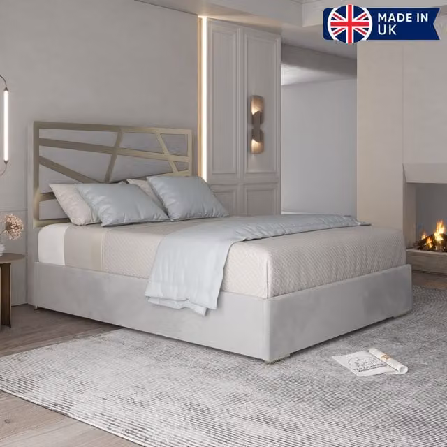 Casani Modern Geometric Upholstered Velvet Bed Frame in Grey, W/D/H: 200 x 127 x 189 cm
