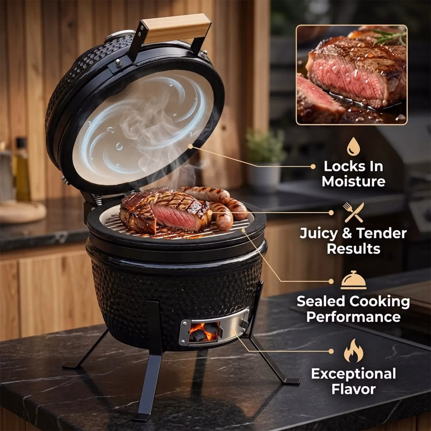 Alivio Ceramic Kamado Charcoal BBQ Grill and Smoker with Thermometer, Black – 2