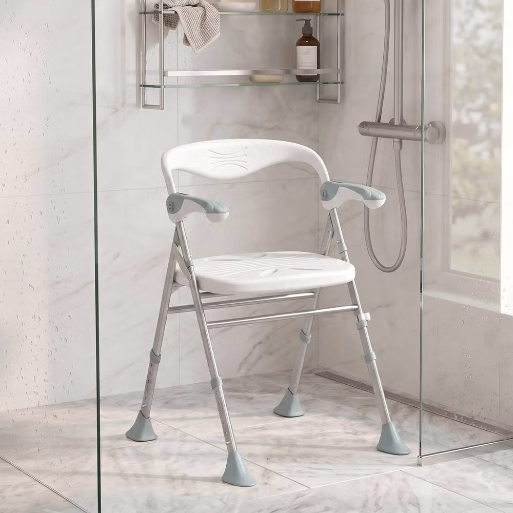 HOMCOM Foldable White Shower Chair with Flip-Up Armrests and Back, 136 kg Capacity – 2