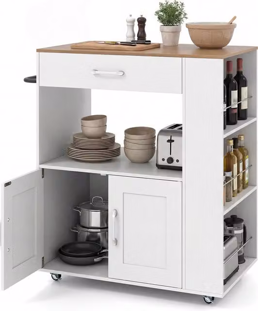 Costway Modern Rolling Kitchen Island in White and Natural Wood