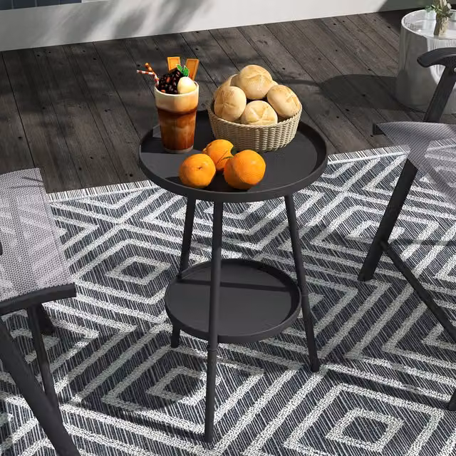 Outsunny 2-Tier Round Garden Table in Matt Black Metal