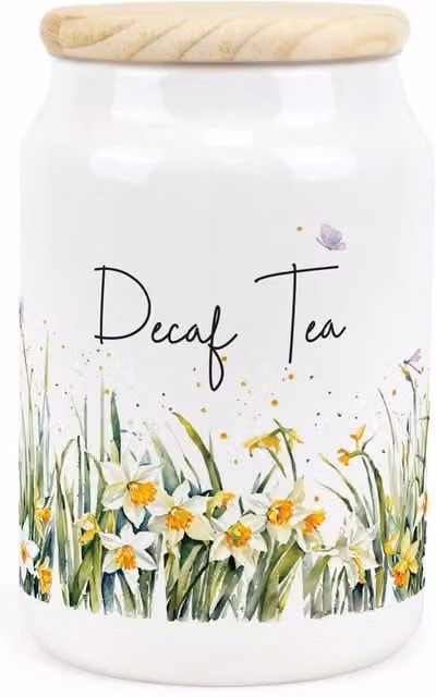 Purely Home Spring Daffodils Floral Ceramic Decaf Tea Storage Canister in Green and White