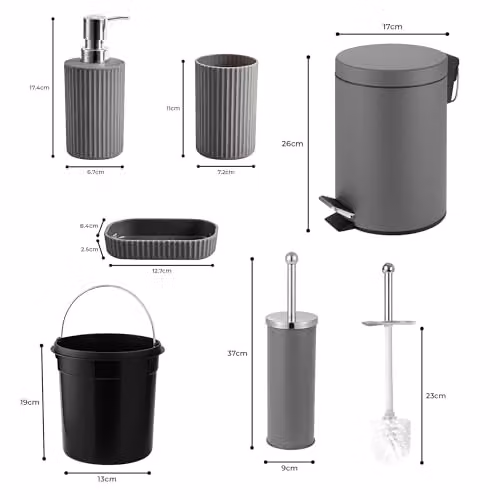 iTrend 6-Piece Matt Grey Bathroom Accessories Set including 3L Pedal Waste Bin, Toilet Brush, Soap Dispenser, Soap Dish and 2 Tumblers – 3