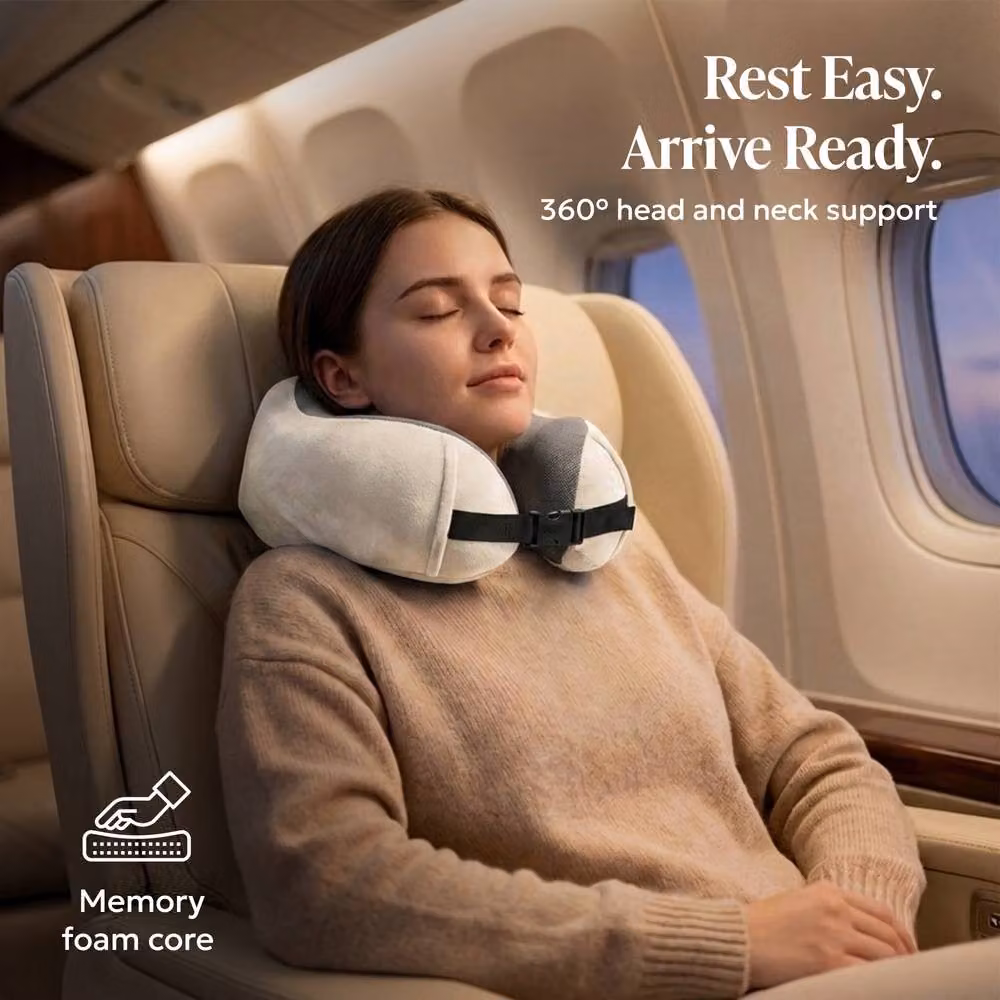 Lugg U-Shaped Memory Foam Travel Neck Pillow with Removable Cooling Cover and Storage Bag in Beige – 2