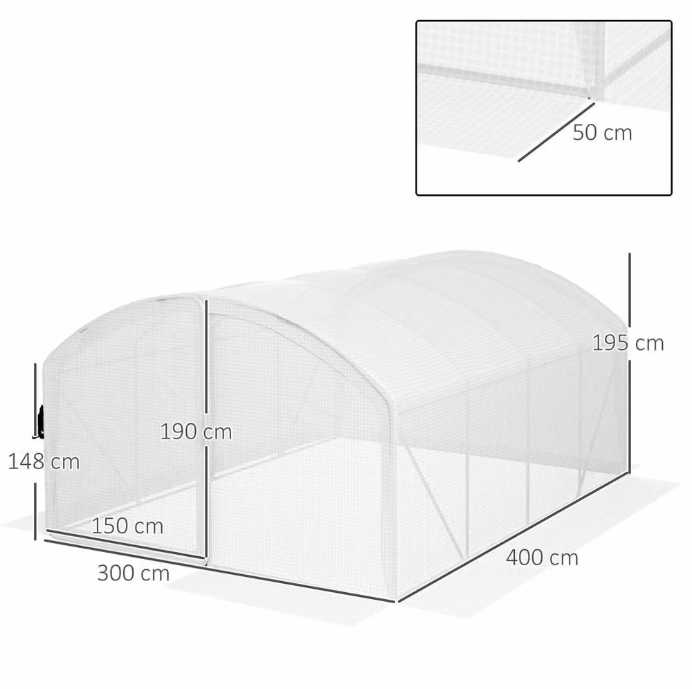 STILVORA Walk-in Greenhouse with White Steel Frame, W: 400 cm, D: 300 cm, H: 200 cm – 2