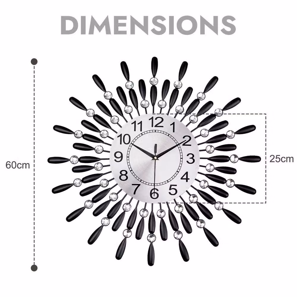EONLION Modern Round Diamante Analogue Wall Clock in Silver, Diameter: 100 cm – 2