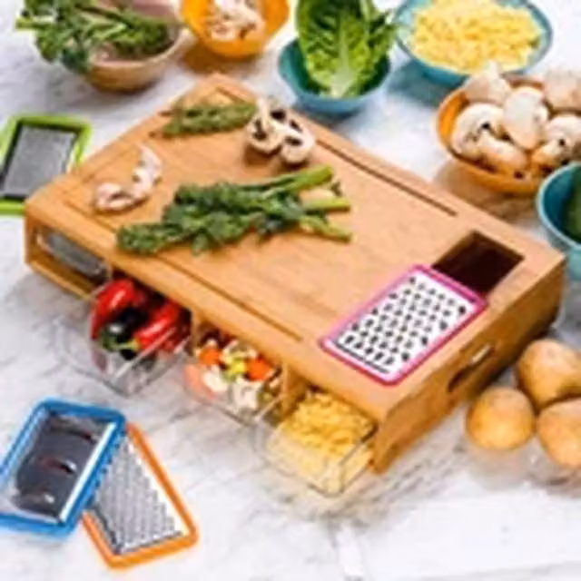 EONLION Brown Bamboo Meal Prep Cutting Board with 4 Graters and Storage Boxes