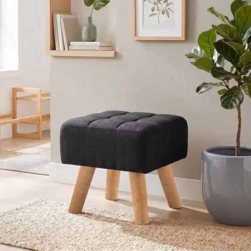HOMCOM Modern Fabric Footstool with Rubberwood Legs in Black – 7