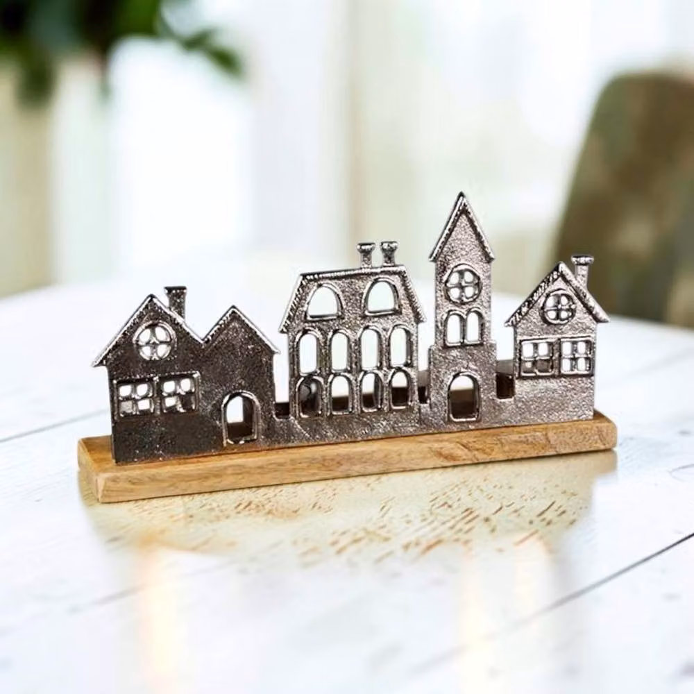 Four Candle Metal Townscape Tealight Holder in Silver – 2