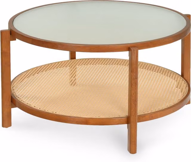 COSTWAY 2-Tier Round Acacia Wood and Glass Boho Center Table in Brown